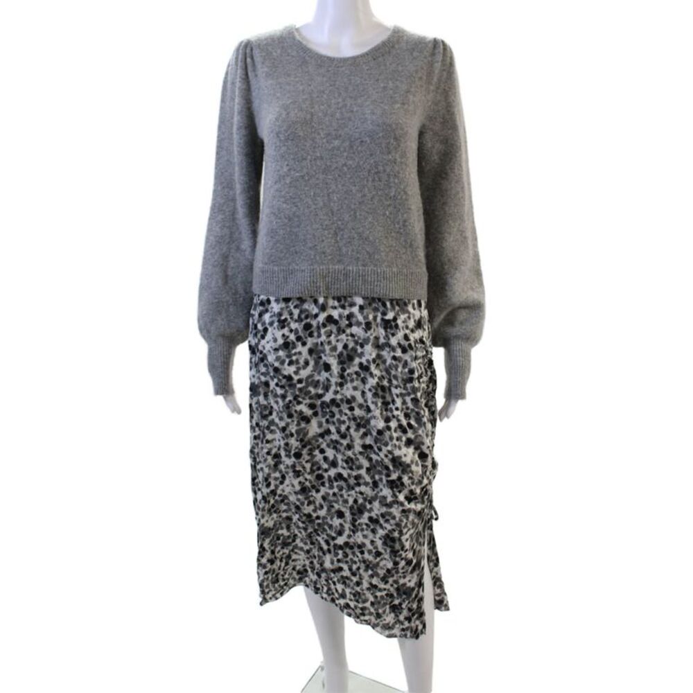 DH Womens Sweater Dress Gray Leopard Crew Neck Long Sleeve Mid Calf Size S